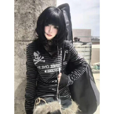 批发美式复古Y2K千禧风条纹V领情侣骷髅烫钻街头设计感正肩<b class='q'>男</b>女<b class='q'>长袖</b>潮