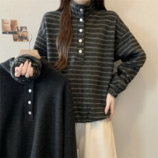 批发实拍大码秋冬季<b class='q'>韩版</b>慵懒风半高领钮扣设计条纹<b class='q'>卫衣</b>女上衣