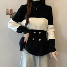 批发实拍新款温柔小香风黑白撞色半高领<b class='q'>荷叶边</b>长袖<b class='q'>毛衣</b>女针织衫上衣