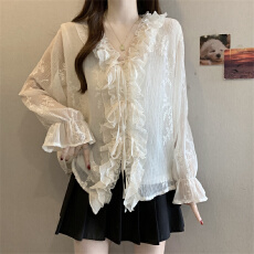 批发实拍法式高级感刺绣花朵V领长袖蕾丝衫女新款蝴蝶结绑带上衣