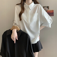 批发实拍～新款大码气质<b class='q'>短袖</b><b class='q'>衬衫</b><b class='q'>女</b>胖MM显瘦收腰设计感后背开叉上衣