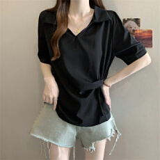 批发实拍～黑色V领<b class='q'>短袖</b><b class='q'>衬衫</b><b class='q'>女</b>夏季时尚减龄宽松收腰显瘦设计感上衣