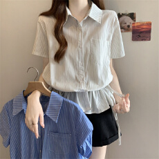 批发<b class='q'>实拍</b>～<b class='q'>大码</b>正肩短袖衬衫女夏季修身收腰设计感短袖衬衣上衣