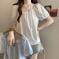 批发<b class='q'>实拍</b>～<b class='q'>大码</b>法式方领独特短袖衬衫女夏季胖mm遮肚显瘦高级感上衣