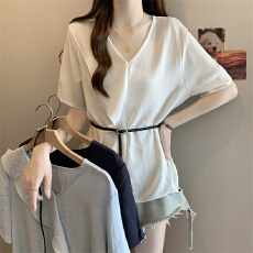 批发实拍～大码法式荷叶边V领短袖衬衫女夏季宽松显瘦上衣