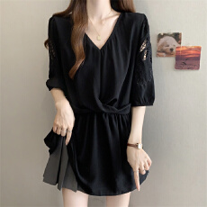 批发实拍大码夏季新款t恤短袖遮肚显瘦减龄镂空绣花洋气上衣