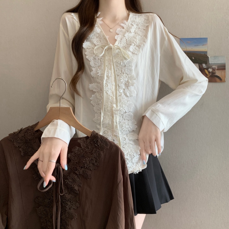 BY32191# ～高级感V领系带蕾丝花边衬衫女新款宽松百搭长袖上衣 服裝批發女裝批發服飾貨源