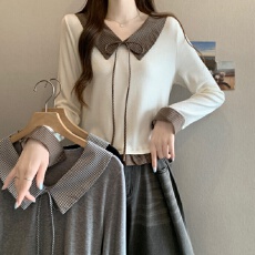 批发实拍～新款娃娃V领长袖T恤女胖mm显瘦短款格子拼接上衣