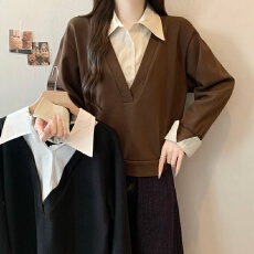 批发实拍～秋<b class='q'>冬</b>新款韩系学院风假两件V领针织拼接衬衫百搭显瘦上衣
