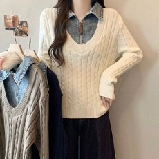 批发实拍～半拉链<b class='q'>牛仔</b>拼接假两件针织衫毛衣女秋冬设计感宽松休闲<b class='q'>上衣</b>