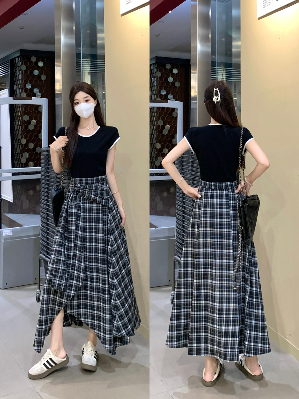 실사 빅 사이즈 작은 대중 허리 수축 슬림해 보이는 검정색 맨위 패치워크 불규칙 캐주얼 체크무늬 페이크 레이어드 드레스