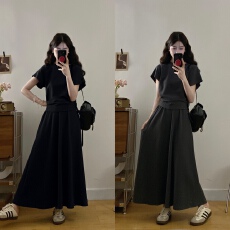 批发实拍 大码2026韩版圆领短款露背短袖<b class='q'>T</b><b class='q'>恤</b>＋高腰显瘦松紧半身裙套装