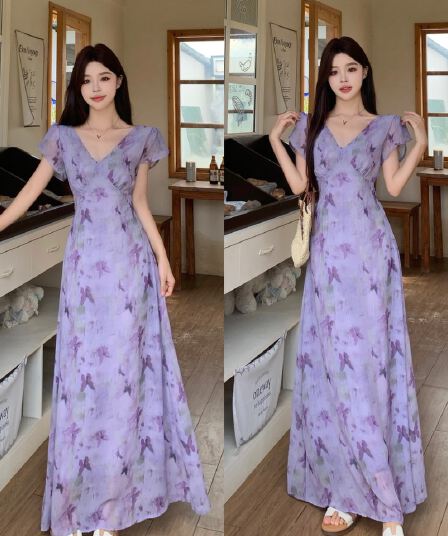 실사 빅 사이즈 여름 V넥 백리스 버블 반팔 몸매 가꾸기 슬림해 보이는 롱 코트 한 마디 나비 프린트 보라색 드레스