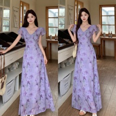 批发实拍大码夏季v领露背泡泡短袖修身显瘦长款A字蝴蝶印花<b class='q'>紫色</b><b class='q'>连衣裙</b>