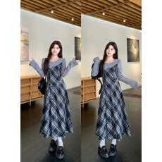 批发实拍  女装胖mm灰色长袖拼接花边<b class='q'>格</b>子<b class='q'>连衣裙</b>女早秋显瘦两件套套装