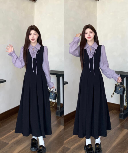 실사 새로운 이른 가을 착용 가져 가라. 프랑스식 검정색 자이언트 잘 생긴 POLO 칼라 여성 드레스 페이크 레이어드 긴팔 치마