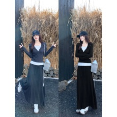 批发实拍运动休闲套装女<b class='q'>秋</b>季新款假两件上衣胖MM遮肚显瘦半身裙两件套