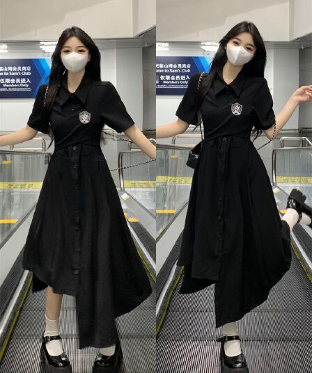 실사 빅 사이즈 2026 여름 새로운 드레스 지방 mm 슬림해 보이는 학원 스타일 연령 감소 불규칙 밑단 롱 스커트