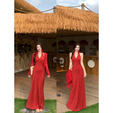 批发<b class='q'>实拍</b><b class='q'>大码</b>2026夏季法式复古甜心v领红色波点挂脖绑带背心连衣裙