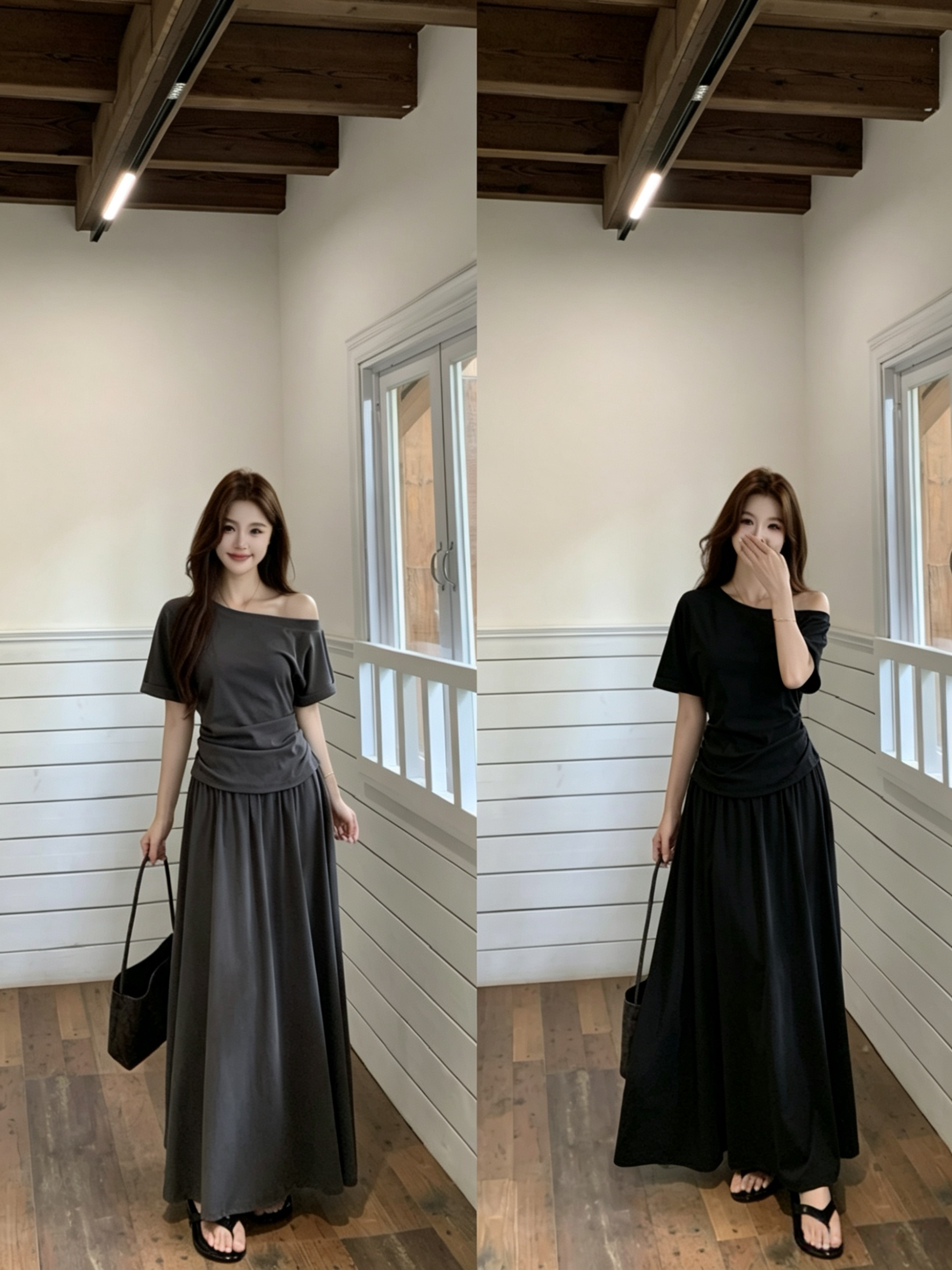 실사 빅 사이즈 품격 여름 한 부서 다용도 섹션 슬림해 보이는 비스듬한 어깨 수신 Pleat 맨위 플러스 하이웨이스트 밴딩 슬림해 보이는 반 스커트