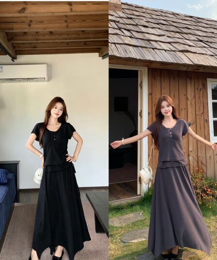 실사 빅 사이즈 26 년 여름 느긋한 느슨함 뒤에 밴딩 반팔 티셔츠 불규칙 랩스커트팬츠 반신 스커트