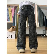 批发高街复古迷彩直筒工装牛仔裤女美式多口袋宽松显瘦阔腿裤子