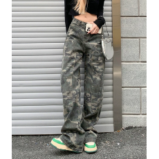 批发美式高街工装阔腿迷彩牛仔裤女垂感春季复古高腰宽松显瘦直筒<b class='q'>裤子</b>