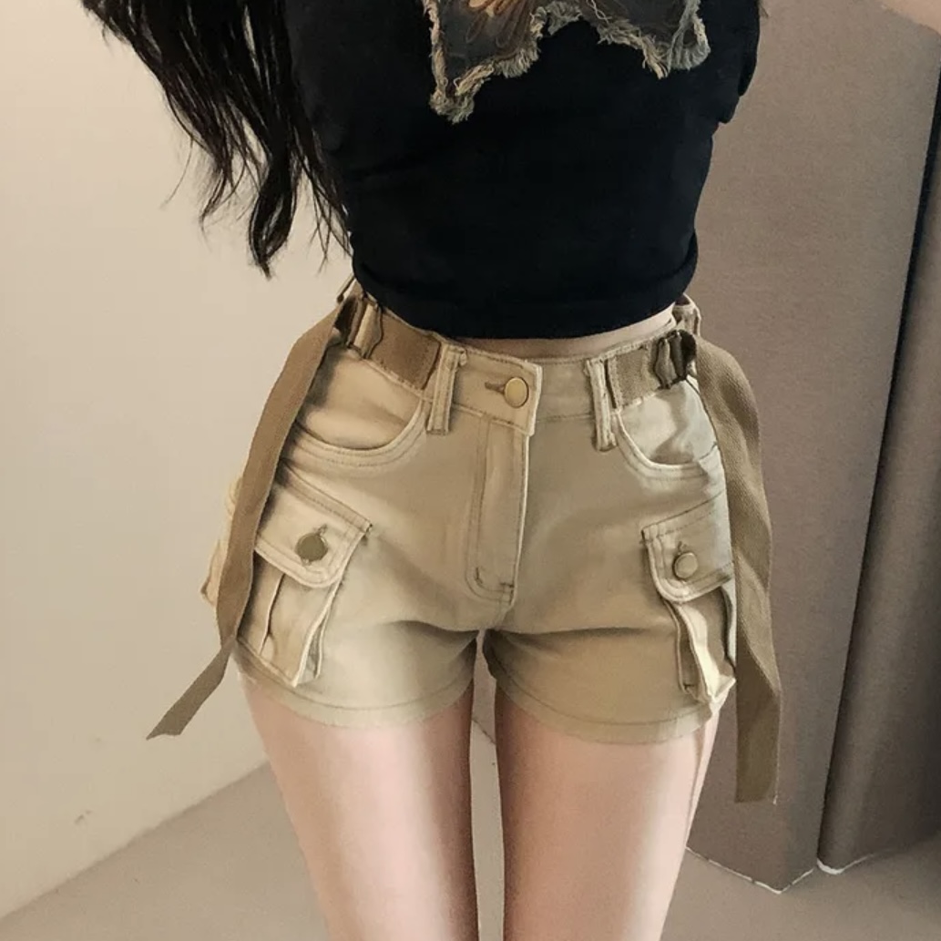 한국 chic 빅 포켓 디자인 워크웨어 팬츠 루즈핏 슬림해 보이는 데님 반바지 다용도 디스플레이 높음 벨트 섹션