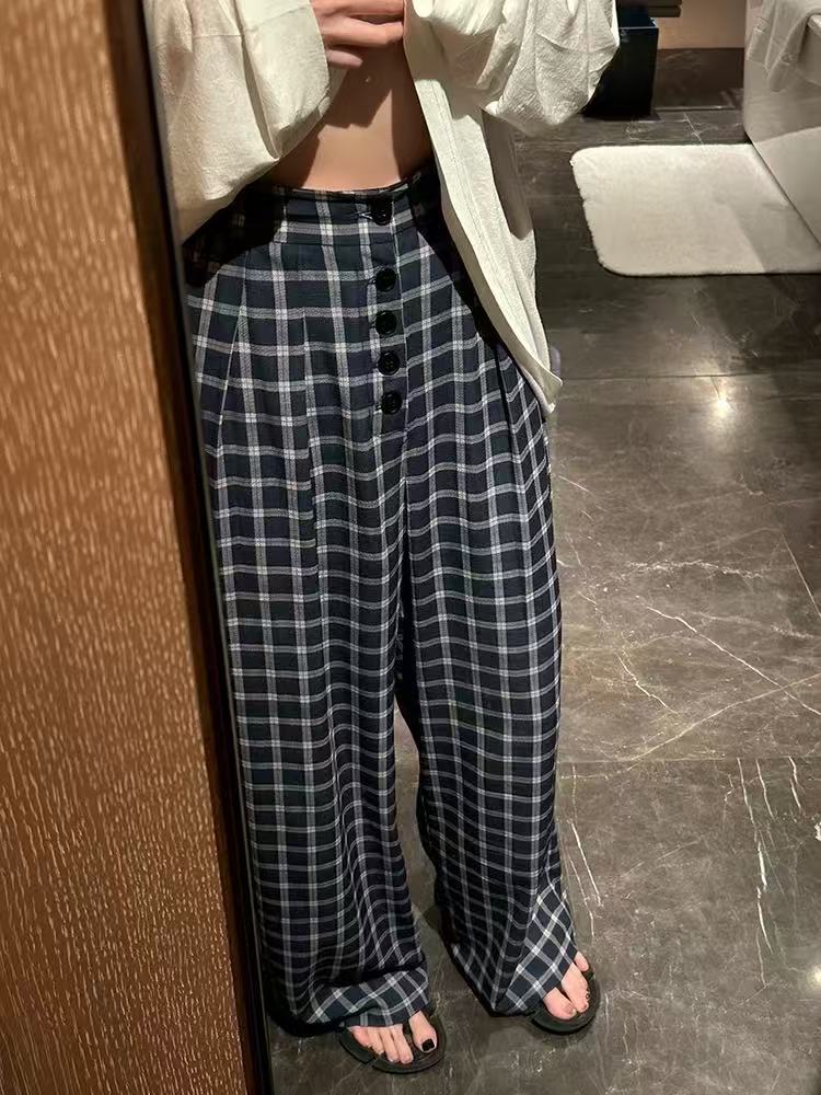 2026 자오 이슬 생각하기 같은 단락 체크무늬 바지 여름 섹션 와이드 레그 팬츠 파란색 캐주얼 스트레이트 팬츠 루즈핏