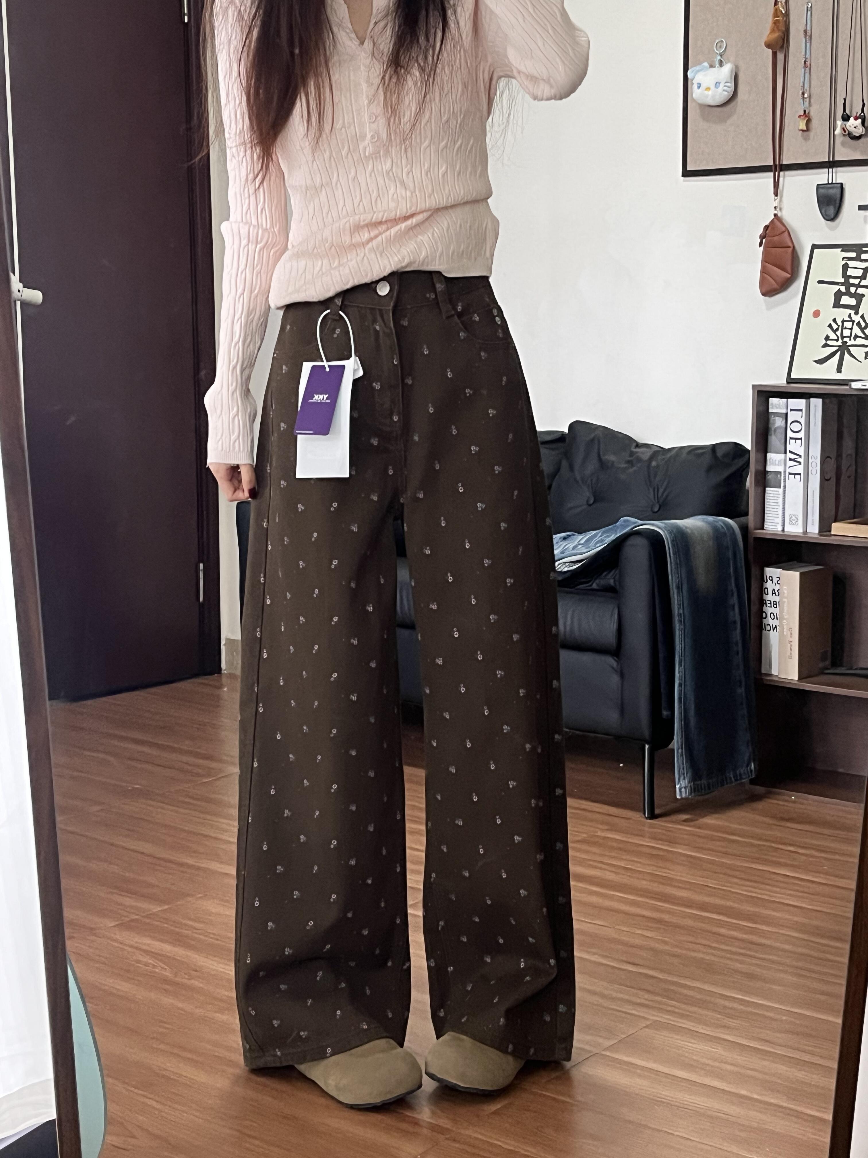 브라운 아메리칸 꽃무늬 넓은 다리 청바지 여성 여름 하이웨이스트 슬림해 보이는 다용도 루즈핏 느긋한 바람 바닥 청소 스트레이트 팬츠