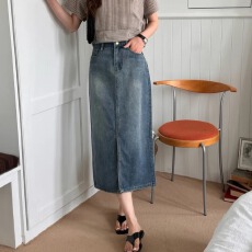 批发已出货 韩国chic高腰显瘦复古A字开叉牛仔<b class='q'>半身裙</b>包臀中<b class='q'>长款</b>女