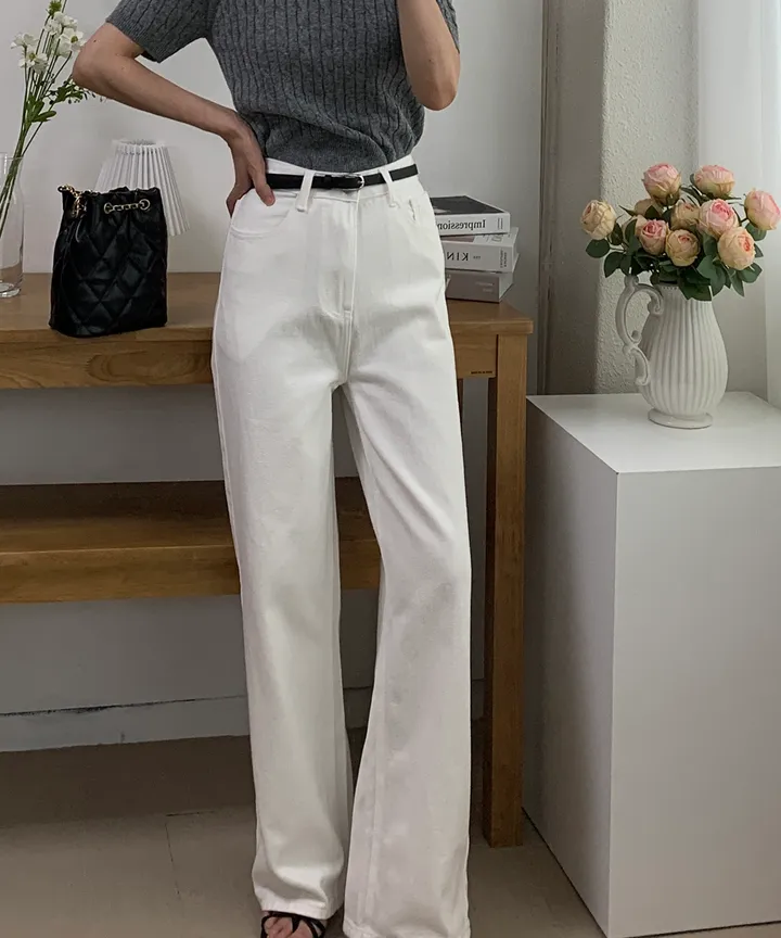 있음 선적 한국 chic 화이트 와이드 레그 팬츠 어린이 하이웨이스트 스트레이트 루즈핏 바닥 청소 캐주얼 청바지