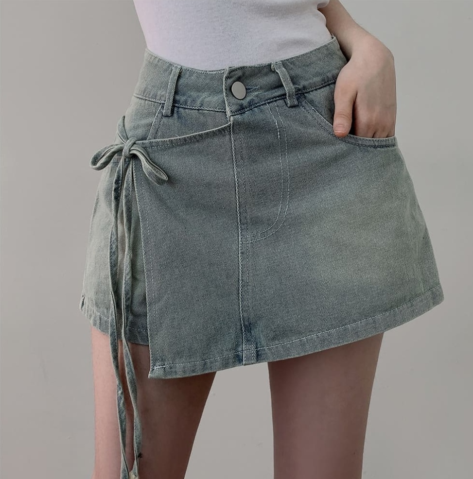 한 chic 페이크 레이어드 데님 반바지 여름 한 마디 하이웨이스트 불규칙 스트랩 치마바지 작은 키 핫걸 바지