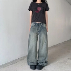 批发韩国chic复古做旧条纹直筒<b class='q'>牛仔裤</b>女夏季新款高腰垂感阔腿裤