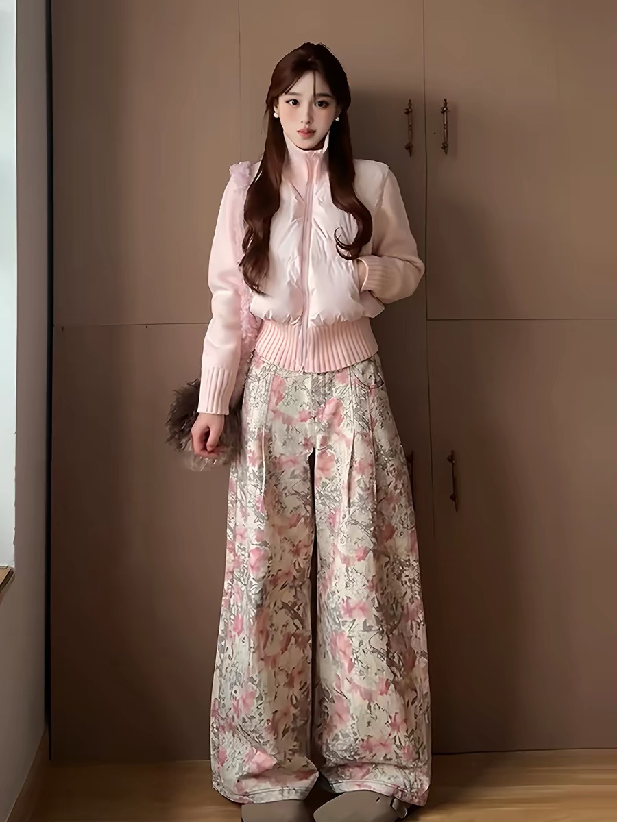 한 부서 레트로 워싱 꽃무늬 전체 인쇄 넓은 다리 청바지 여성 여름 느긋한 루즈핏 슬림해 보이는 다용도 바닥 청소 바지