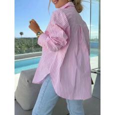 批发跨境欧美风春秋新款时尚通勤<b class='q'>OL</b>单排扣条纹宽松长袖衬衫上衣shirt