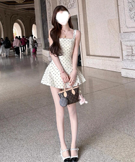 분위기 센스 도트 무늬 스퀘어 입 칼라 슬립 패치워크 여성 드레스 봄 여름 작은 키 허리 수축 슬림해 보이는 퍼프 미니 스커트