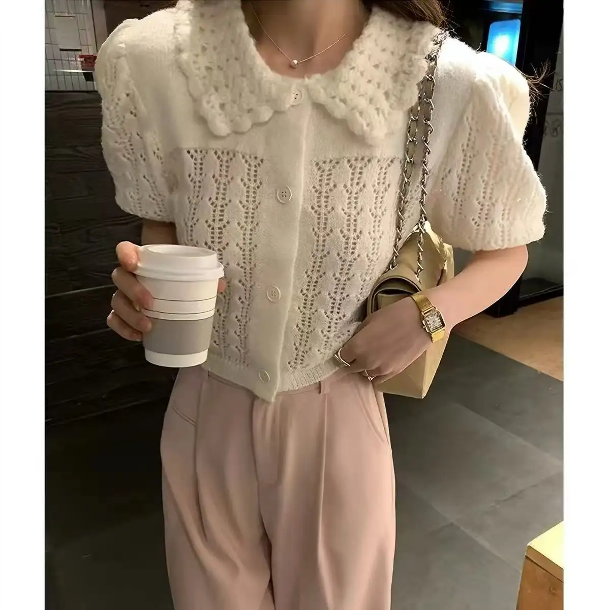 폴드 칼라 퍼프소매 가디건