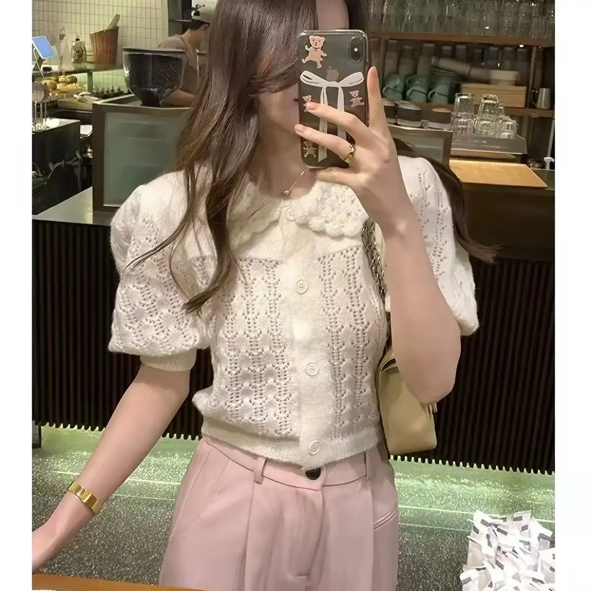 폴드 칼라 퍼프소매 가디건 상세 이미지 3