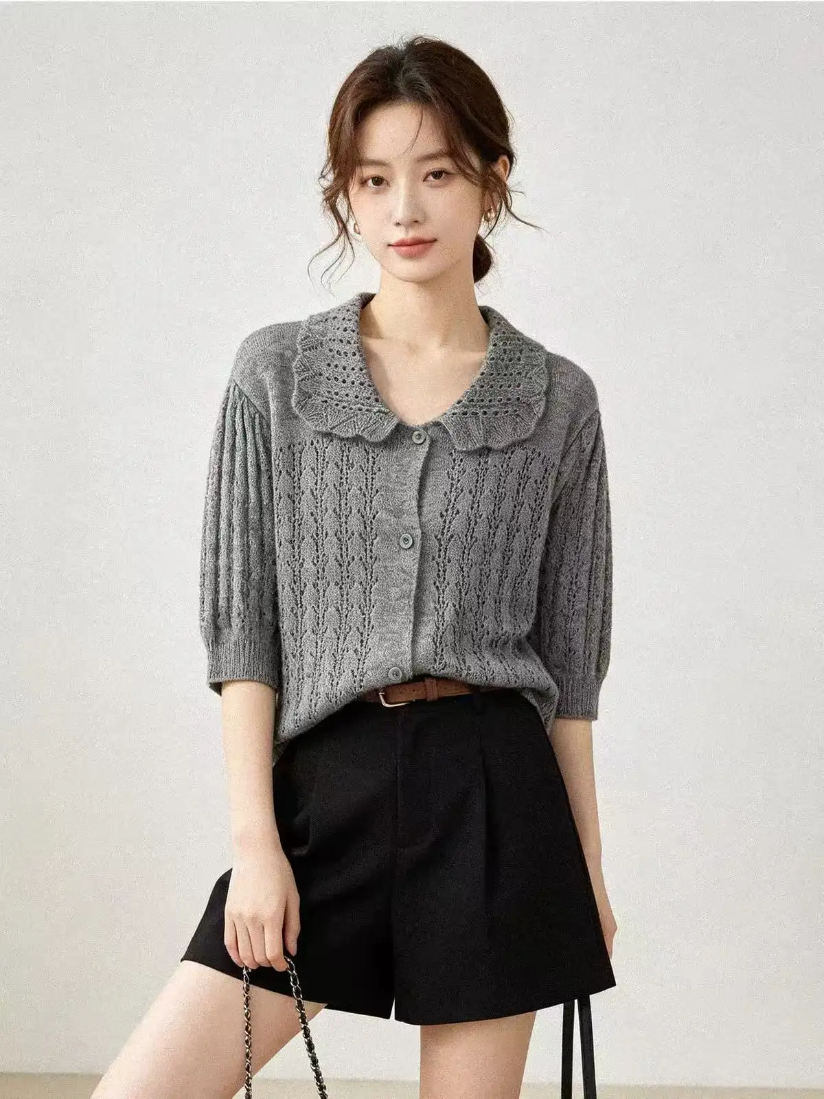 폴드 칼라 퍼프소매 가디건 상세 이미지 5