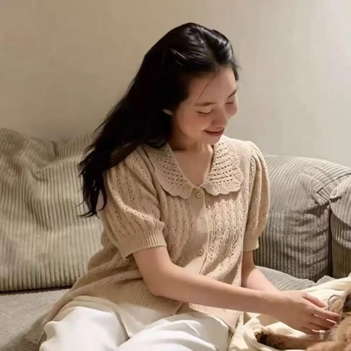 폴드 칼라 퍼프소매 가디건 상세 이미지 6