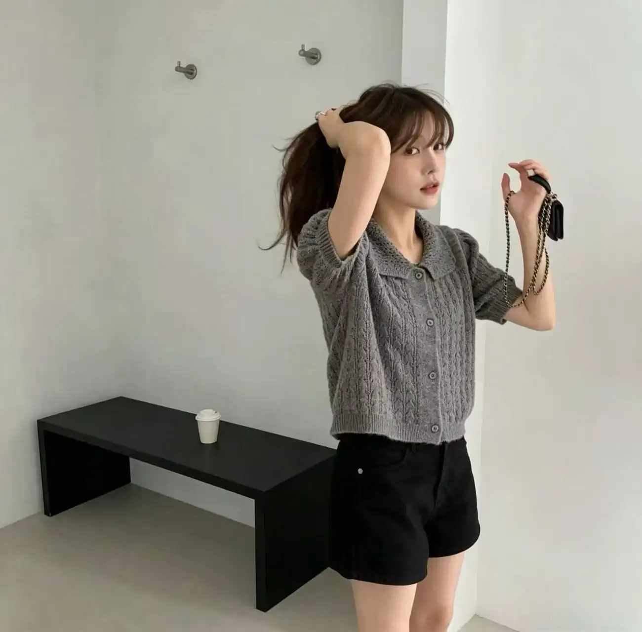 폴드 칼라 퍼프소매 가디건 상세 이미지 9