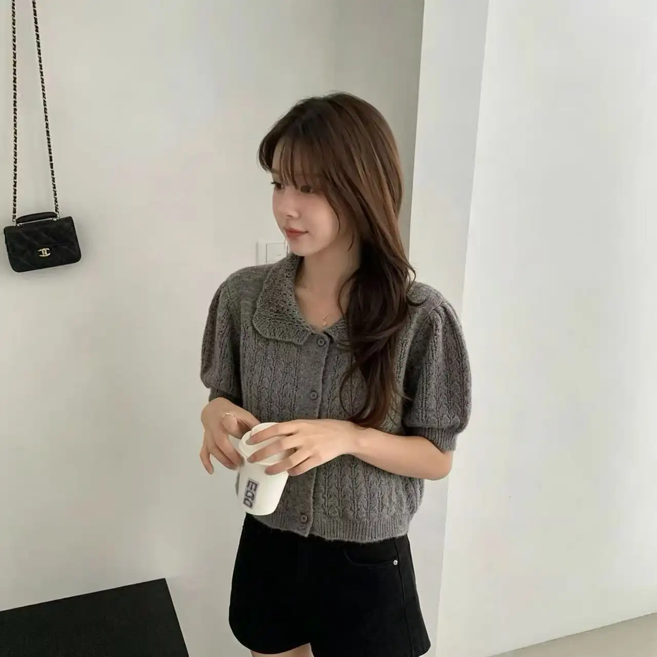 폴드 칼라 퍼프소매 가디건 상세 이미지 10