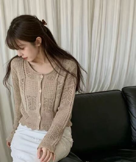 느긋한 자수 홀로우 아웃 니트 오픈 가디건 보헤미안 바람 물결무늬 측면 길이 소매 니트 라운드 넥 쇼트 스타일 재킷 맨위