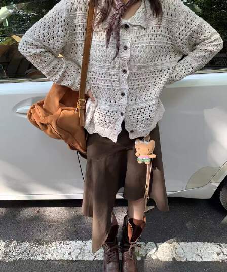 가을 레이스 홀로우 아웃 느긋한 폴로 칼라 니트 오픈 가디건 루즈핏 스웨터 코트 레트로 베이비 칼라 카디건 코트