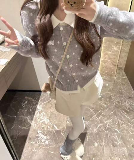 POLO 칼라 페이크 레이어드 스웨터 긴팔 카디건 코트 기본 셔츠 가을 겨울 몸매 가꾸기 슬림해 보이는 긍정적 인 어깨 니트 오픈 가디건