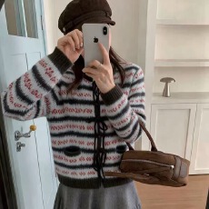 批发韩系温柔针织<b class='q'>开衫</b>女软糯宽松落肩撞色条纹系带蝴蝶结毛衣<b class='q'>开衫</b>外套