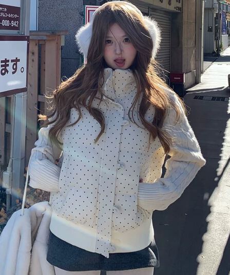 한 부서 달콤함 도트 무늬 니트 패치워크 긴팔 면 의류 여성 코트 겨울 루즈핏 두꺼운 쇼트 스타일 보온 패딩 재킷