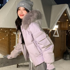 批发小镇姗姗 雪映阑珊~仿真貉子毛领棉服女冬防风短款连帽小个子外套