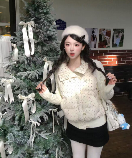 한 부서 달콤함 도트 무늬 니트 패치워크 긴팔 면 의류 여성 코트 겨울 루즈핏 두꺼운 쇼트 스타일 보온 패딩 재킷